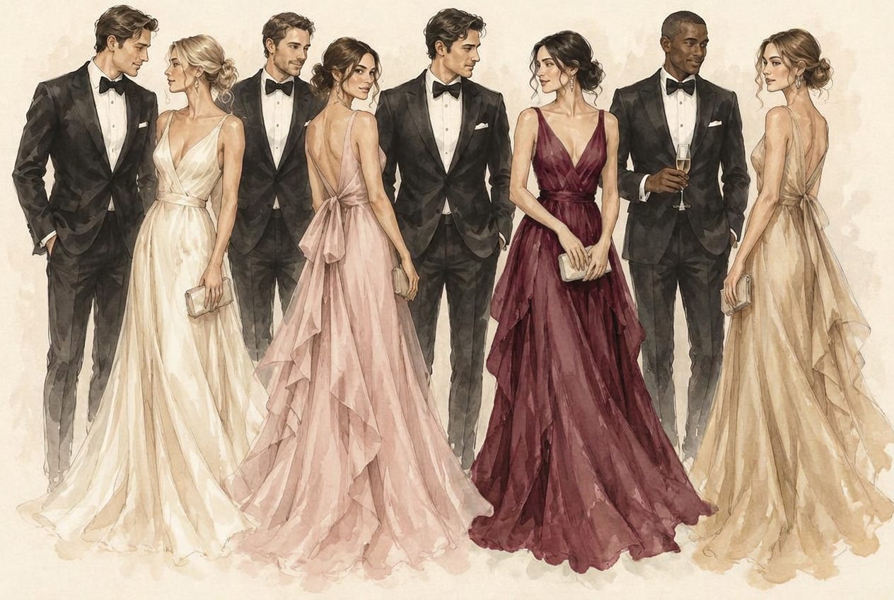 Sketch of guests in black tie and evening gowns in the palette colours